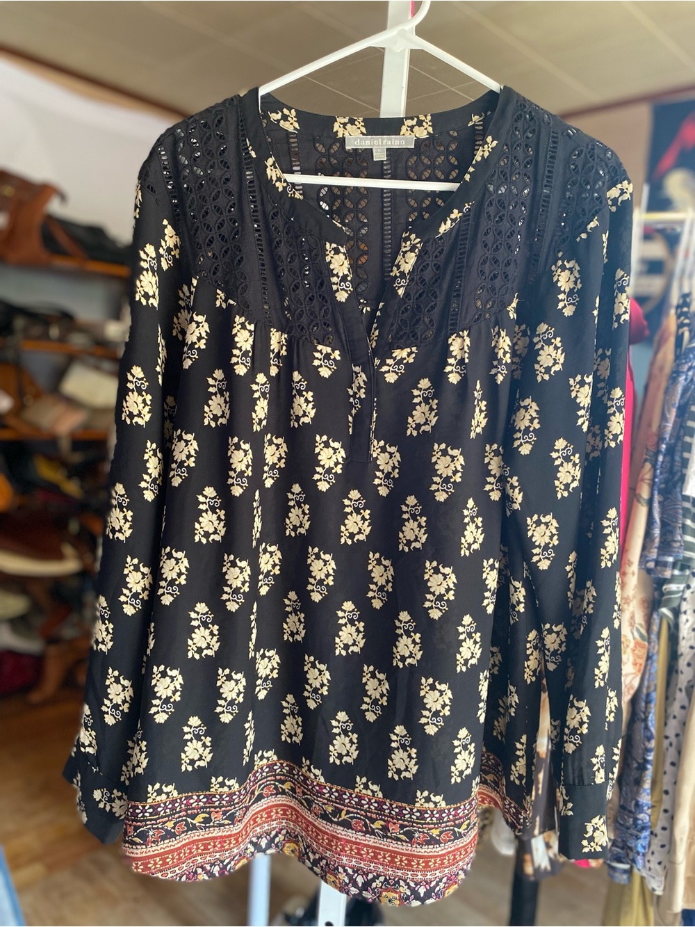 Daniel Rainn Black Blouse with Cream Floral Print and Mosaic Hem
